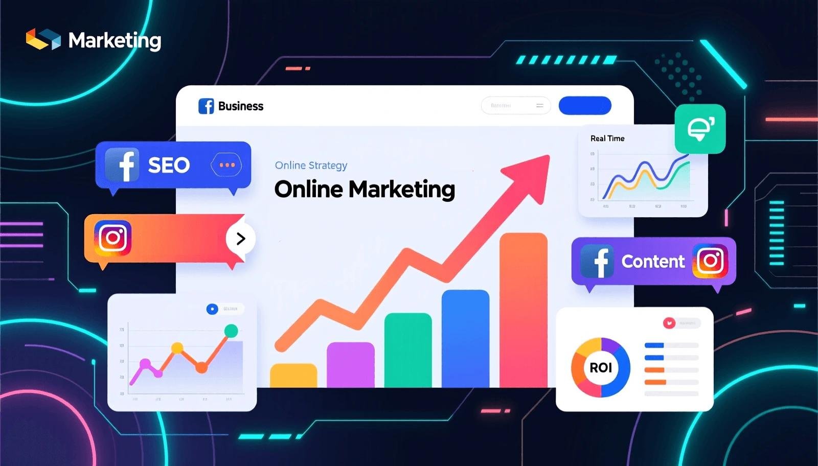 Digital marketing strategy dashboard showing SEO, social media marketing, analytics, content marketing, ROI tracking, and business growth.