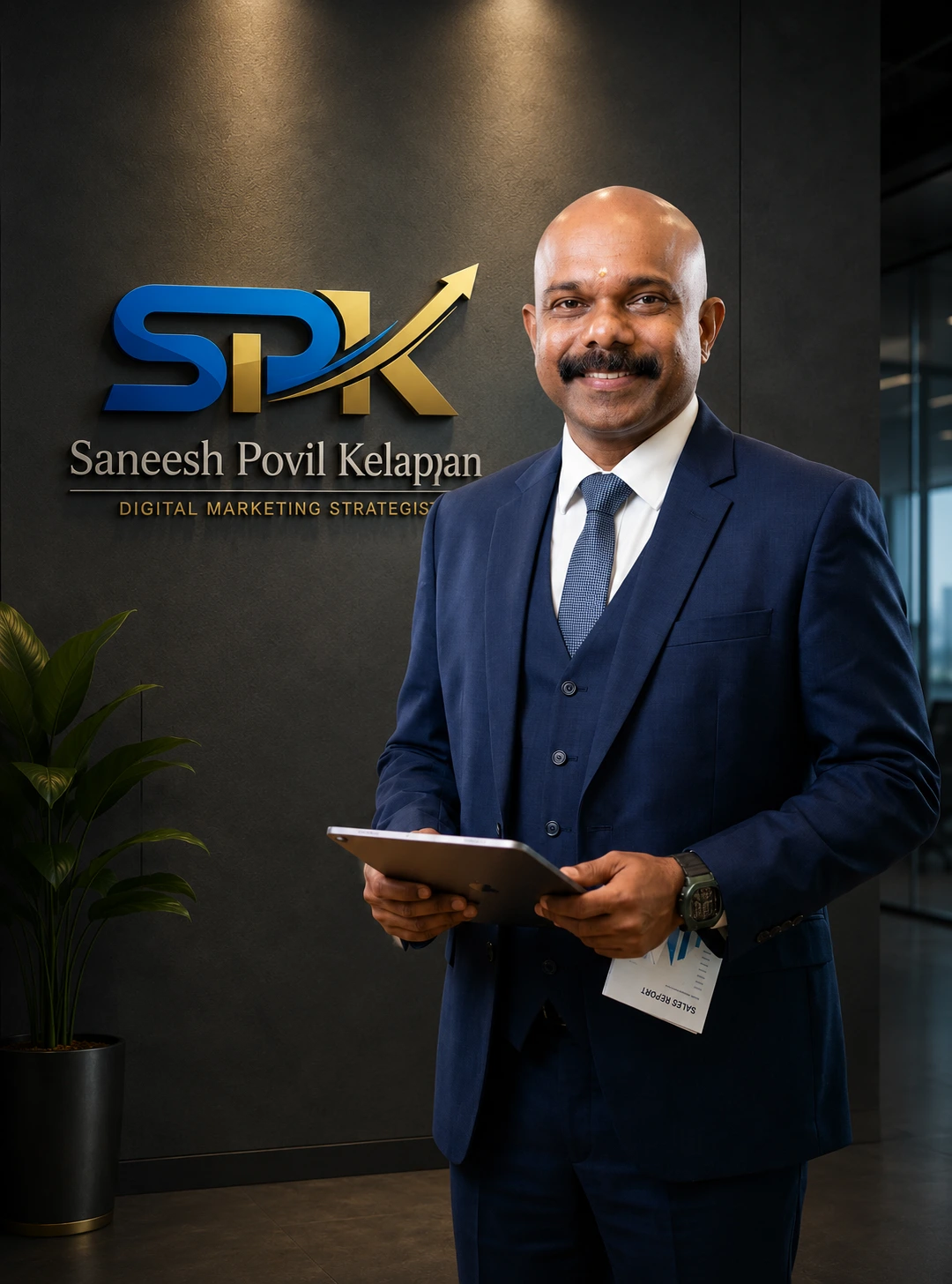 Portrait of Saneesh Povil Kelappan, Digital Marketing Strategist, holding a tablet in front of the SPK brand logo, helping businesses grow through SEO, branding, and digital marketing.